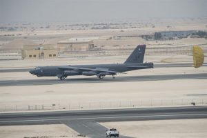 A B-52 Stratofortress arrives at Al-Udeid Air Base, Qatar, from Barksdale Air Force Base, Louisiana, USA, on 9 April 2016, to conduct operations against Daesh. Photograph by Staff Sgt. Corey Hook, U.S. Air Force, and courtesy of the U.S. Air Force.