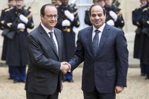 French President Francois Hollande greets Egyptian President Abdel Fattah al-Sisi at the Elysee Palace in Paris, France, on 26 November 2014. Photograph courtesy of Xinhua.