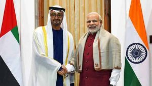 India's Prime Minister Narendra Modi shakes hands with H.H. Sheik Mohammed bin Zayed Al Nahyan, Crown Prince of Abu Dhabi, in New Delhi, India, 11 February 2016. Photograph courtesy of the Press Trust of India.