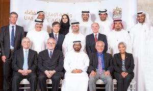 Dr. Khalifa Al-Romaithi (front and centre), Chairman of the UAE Space Agency, pictured with members of the UAE Space Agency's Advisory Committee and officials of the UAE Space Agency. Photograph courtesy of the UAE Space Agency.