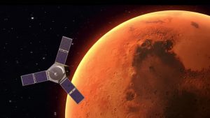 An artist's depiction of UAE's Hope Mars Mission orbiting Mars. Image courtesy of the Mohammed bin Rashid Space Centre.