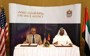 NASA Administrator Charlie Bolden (left) and H.E. Dr. Khalifa Al Romaithi, Chairman of the UAE Space Agency (right), after signing the MoU. Photograph courtesy of U.S. Embassy in Abu Dhabi, UAE.
