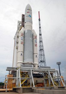 The Ariane 5 for Arianespace Flight VA230 is shown on the Spaceport’s ELA-3 launch pad prior to its liftoff.