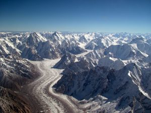 The Baltoro Glacier in the Karakorum Range of the Himalaya Mountains. Photograph courtesy of Wikipedia.