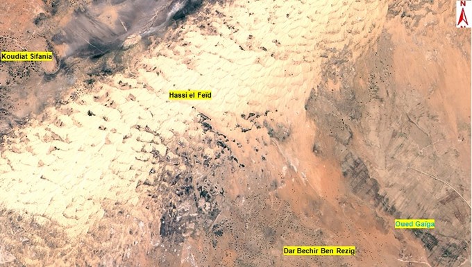 ALSAT-2A image of a large dune in Djelfa Province, Algeria. Image courtesy of Agence Spatiale Algerienne.