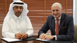Arabist's CEO, Khalid Bin Ahmed Balkheyour, and MBC Group CEO, Sam Barnett, sign their strategic cooperation agreement on 1 August 2016. Photograph courtesy of Arabsat.
