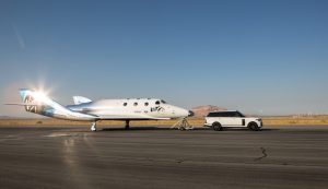 Virgin Galactic's SpaceShipTwo (VSS Unity) being towed by a Range Rover Autobiography in New Mexico on 1 August 2016. Photograph courtesy of Virgin Galactic.