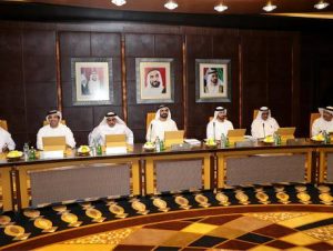 His Highness Sheikh Mohammed Bin Rashid Al Maktoum (centre) presides over the UAE Cabinet meeting held in Abu Dhabi on 3 September 2016, that approved the UAE national space policy. Photograph courtesy of WAM.