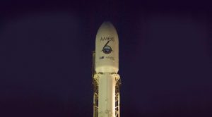 The Amos-6 payload pictured on top of the Space-X Falcon-9 space launch vehicle prior to the 1 September 2016 accident. Photograph courtesy of SpaceX.