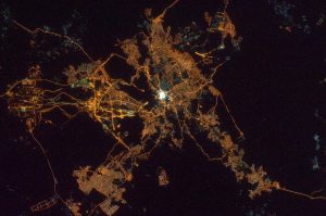 Photograph of Mecca at night taken by Russian cosmonaut Anton Shkaplerov from the International Space Station on 26 January 2015. Photograph courtesy of Roscosmos.