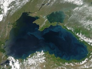 A satellite image of the Black Sea, as captured by the Moderate Resolution Imaging Spectroradiometer (MODIS) on NASA's Aqua satellite on 22 May 2004. Image courtesy of NASA.