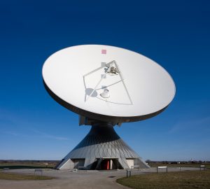 The Erdfunkstelle Raisting satellite antenna in Bavaria, Germany. Photograph courtesy of Wikipedia.