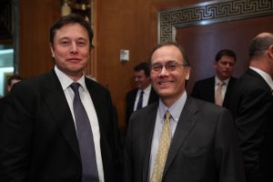 Professor Scott Pace (right), SpaceWatch Middle East Advisory Board member, with Elon Musk (left). Photograph courtesy of George Washington University.