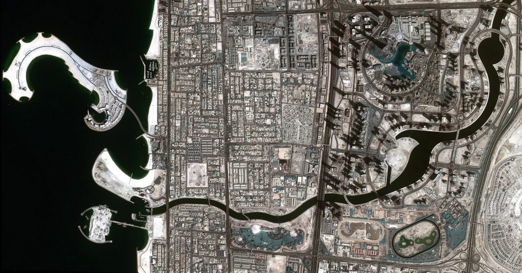 DubaiSat 2-captured image of the Dubai Water Canal full of water. Credits: MBRSC