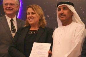 Dr. Michael Simpson, Executive Director of Secure World Foundation (left); Simonetta Di Pippo, Director, United Nations Office of Outer Space Affairs (centre); and Dr. Mohammed Nasser Al-Ahbabi, Director-General of the United Arab Emirates Space Agency, in Dubai upon the drafting of the Dubai Declaration on 24 November 2016.